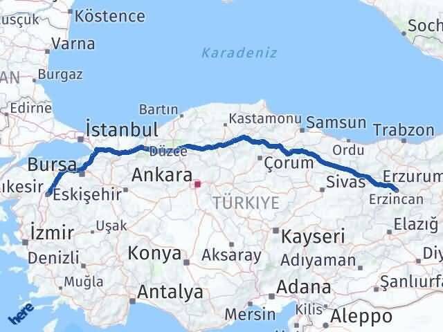 Erzincan Karesi Balıkesir Arası Kaç Km - Yol Haritası