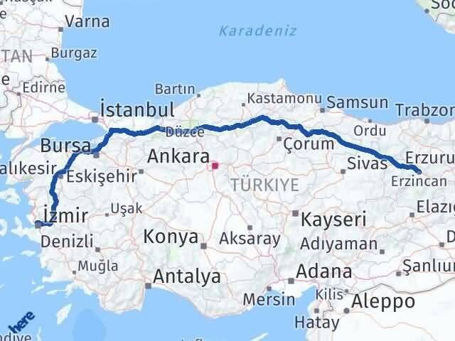 Erzincan Karşıyaka İzmir Arası Kaç Km - Yol Haritası