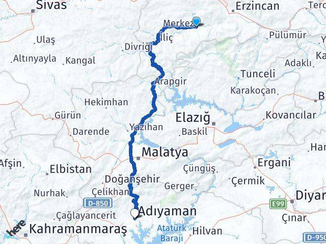 Erzincan Kemah Adıyaman Arası Kaç Km - Yol Haritası