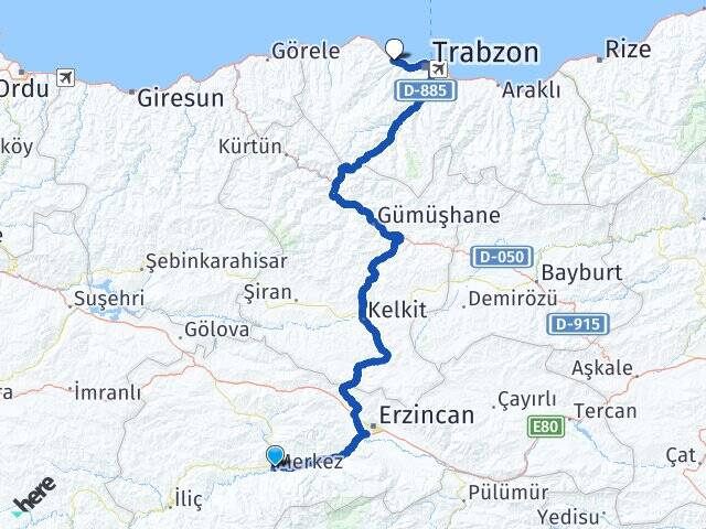 Erzincan Kemah Akçaabat Trabzon Arası Kaç Km - Yol Haritası