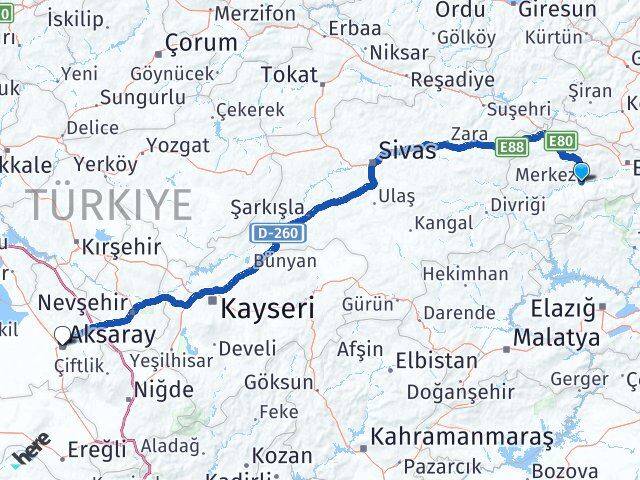 Erzincan Kemah Aksaray Arası Kaç Km - Yol Haritası