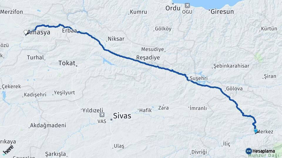 Erzincan Kemah Amasya Arası Kaç Km - Yol Haritası