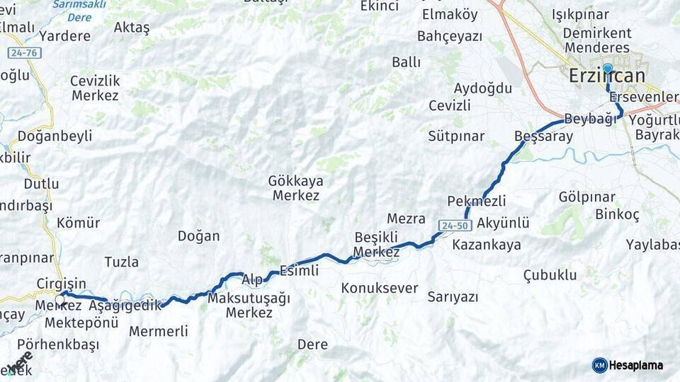 Erzincan Kemah Arası Kaç Km - Yol Haritası