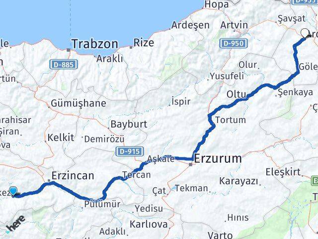Erzincan Kemah Ardahan Arası Kaç Km - Yol Haritası