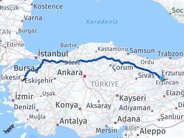 Erzincan Kemah Balıkesir Arası Kaç Km - Yol Haritası