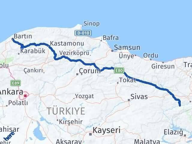 Erzincan Kemah Bartın Arası Kaç Km - Yol Haritası
