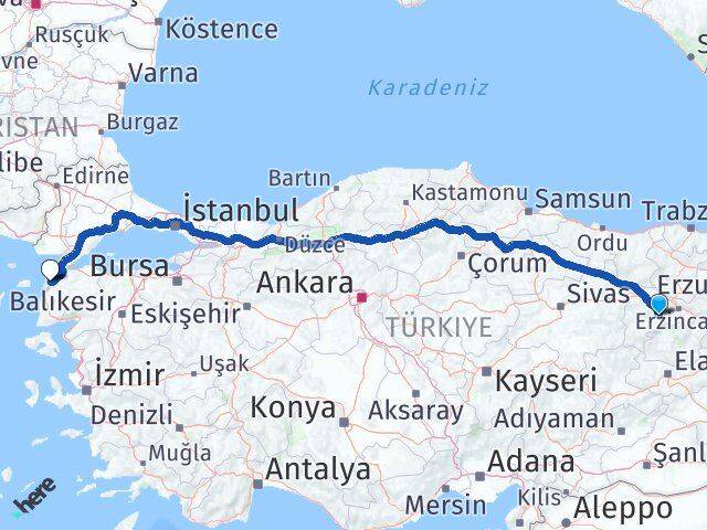Erzincan Kemah Çanakkale Arası Kaç Km - Yol Haritası