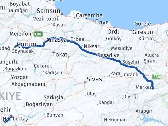 Erzincan Kemah Çorum Arası Kaç Km - Yol Haritası