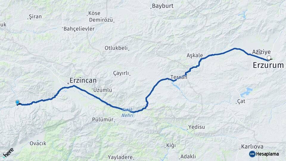 Erzincan Kemah Erzurum Arası Kaç Km - Yol Haritası