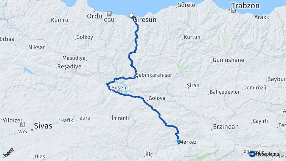 Erzincan Kemah Giresun Arası Kaç Km - Yol Haritası