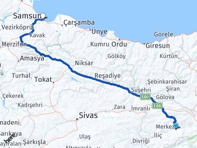 Erzincan Kemah İlkadım Samsun Arası Kaç Km - Yol Haritası