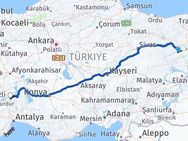 Erzincan Kemah Isparta Arası Kaç Km - Yol Haritası