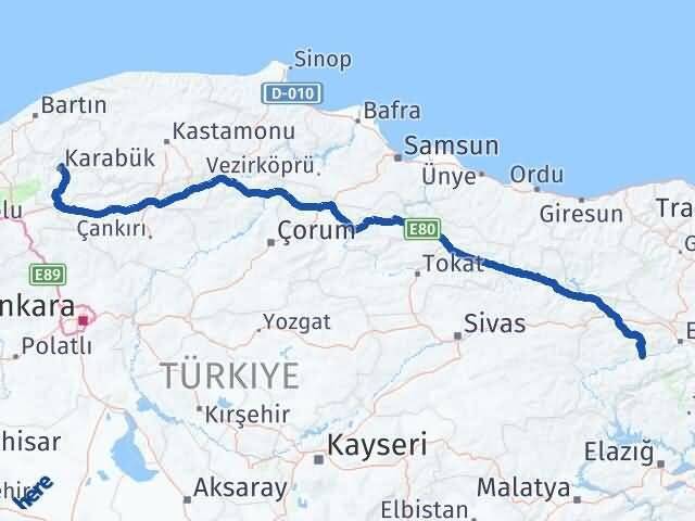Erzincan Kemah Karabük Arası Kaç Km - Yol Haritası