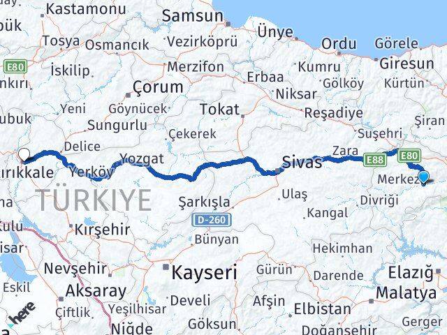 Erzincan Kemah Kırıkkale Arası Kaç Km - Yol Haritası