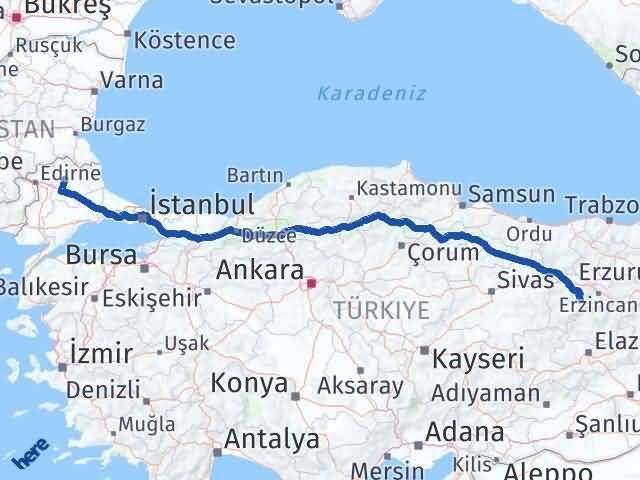 Erzincan Kemah Kırklareli Arası Kaç Km - Yol Haritası
