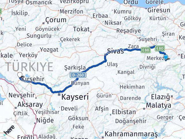 Erzincan Kemah Kırşehir Arası Kaç Km - Yol Haritası