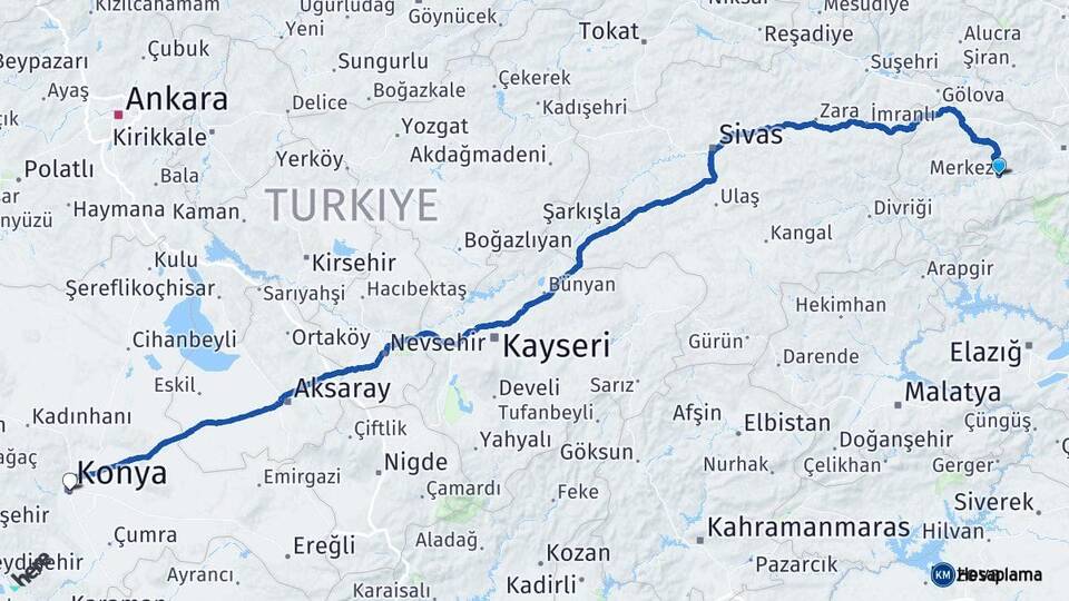 Erzincan Kemah Konya Arası Kaç Km - Yol Haritası