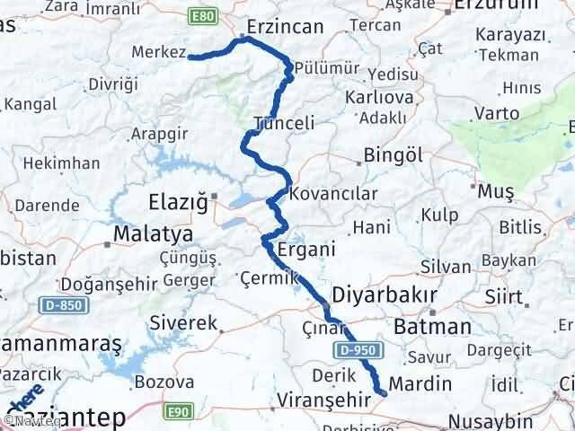 Erzincan Kemah Mardin Arası Kaç Km - Yol Haritası