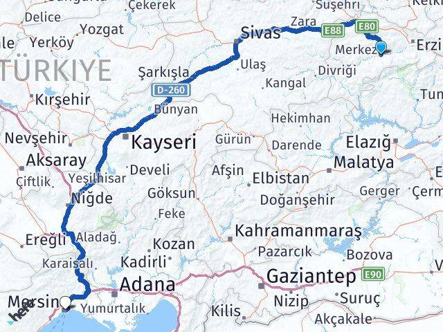 Erzincan Kemah Mersin Arası Kaç Km - Yol Haritası