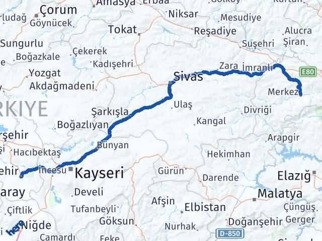 Erzincan Kemah Nevşehir Arası Kaç Km - Yol Haritası