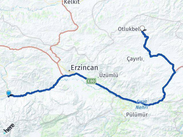 Erzincan Kemah Otlukbeli Arası Kaç Km - Yol Haritası