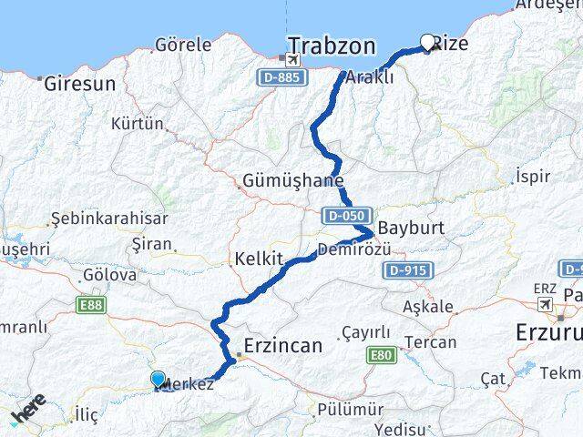 Erzincan Kemah Rize Arası Kaç Km - Yol Haritası