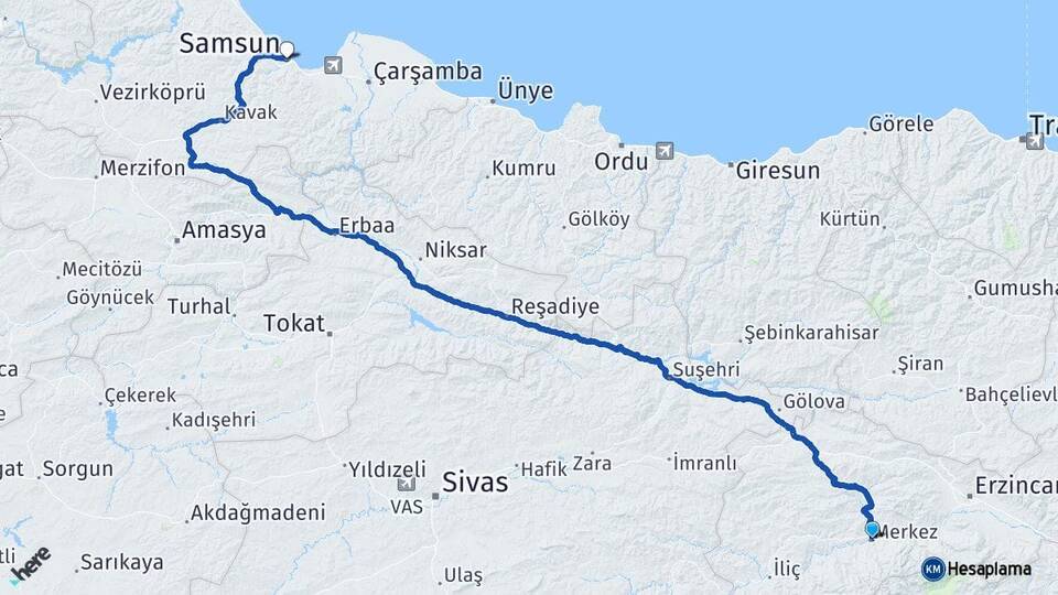 Erzincan Kemah Samsun Arası Kaç Km - Yol Haritası