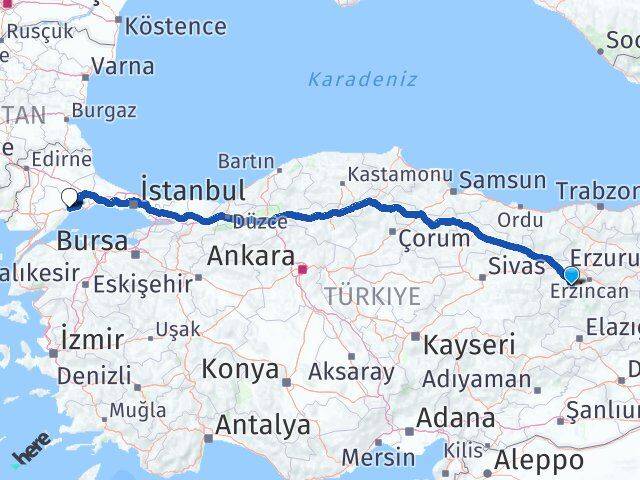 Erzincan Kemah Tekirdağ Arası Kaç Km - Yol Haritası