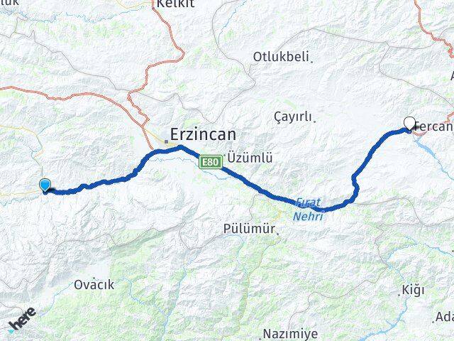 Erzincan Kemah Tercan Arası Kaç Km - Yol Haritası
