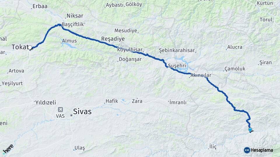 Erzincan Kemah Tokat Arası Kaç Km - Yol Haritası