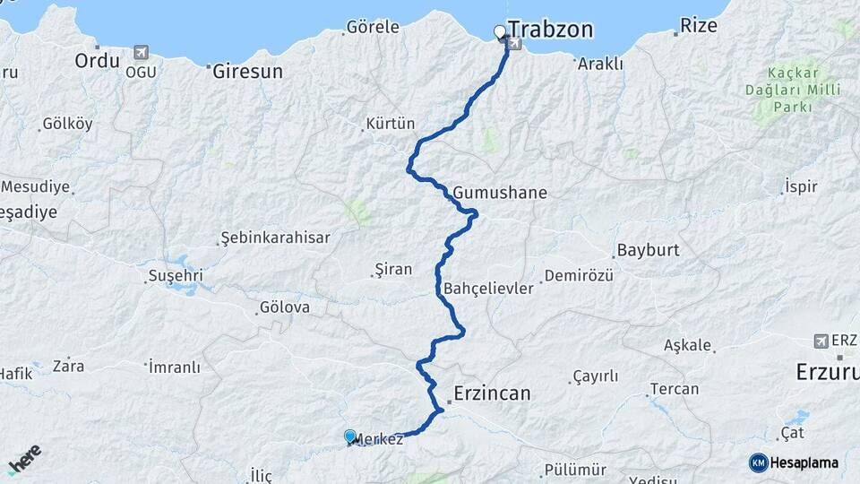Erzincan Kemah Trabzon Arası Kaç Km - Yol Haritası