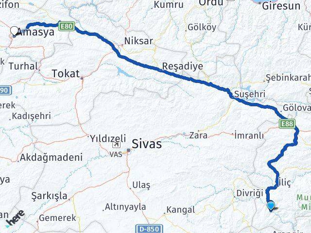 Erzincan Kemaliye Amasya Arası Kaç Km - Yol Haritası