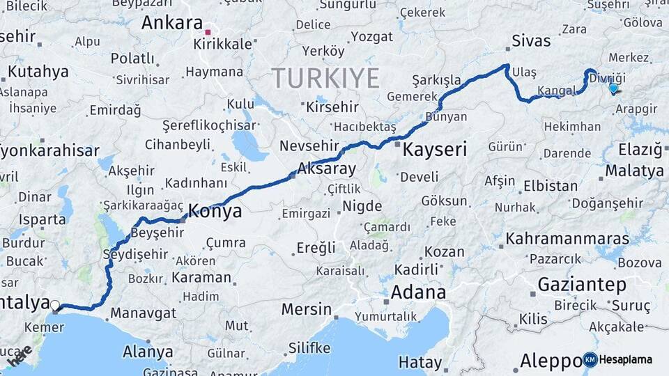 Erzincan Kemaliye Antalya Arası Kaç Km - Yol Haritası