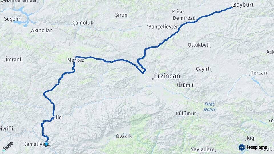 Erzincan Kemaliye Bayburt Arası Kaç Km - Yol Haritası