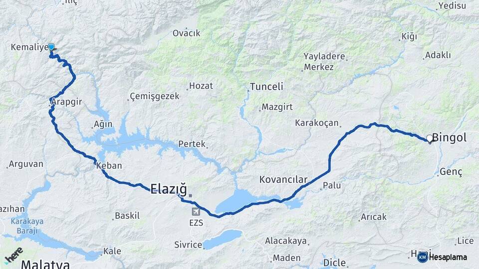 Erzincan Kemaliye Bingöl Arası Kaç Km - Yol Haritası