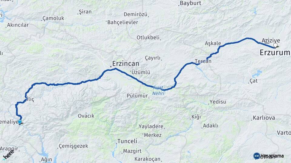 Erzincan Kemaliye Erzurum Arası Kaç Km - Yol Haritası