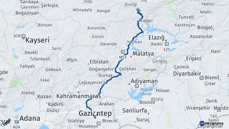 Erzincan Kemaliye Gaziantep Arası Kaç Km - Yol Haritası