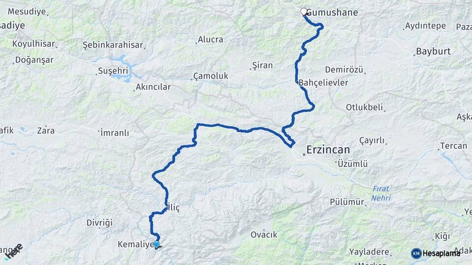 Erzincan Kemaliye Gümüşhane Arası Kaç Km - Yol Haritası