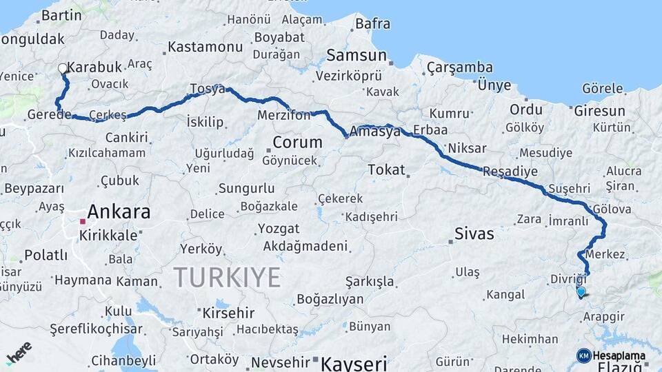 Erzincan Kemaliye Karabük Arası Kaç Km - Yol Haritası