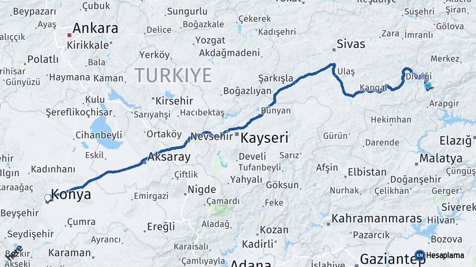 Erzincan Kemaliye Konya Arası Kaç Km - Yol Haritası