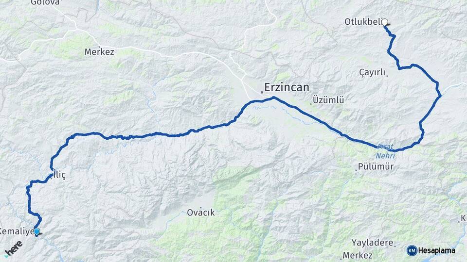 Erzincan Kemaliye Otlukbeli Arası Kaç Km - Yol Haritası