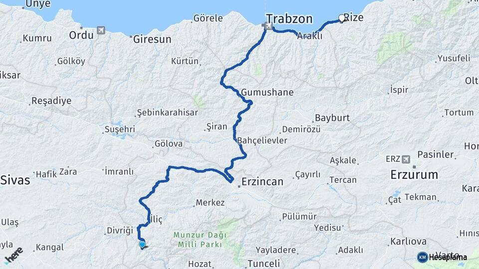 Erzincan Kemaliye Rize Arası Kaç Km - Yol Haritası
