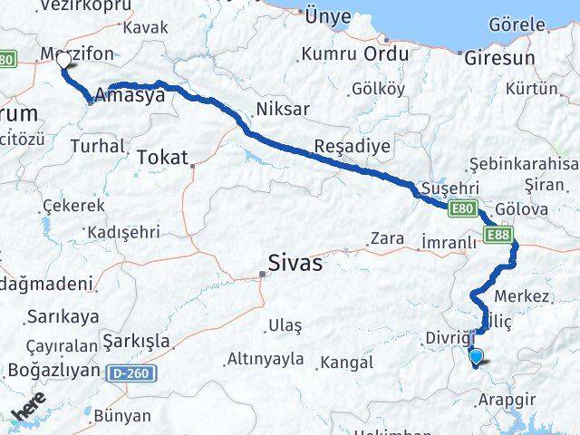 Erzincan Kemaliye Suluova Amasya Arası Kaç Km - Yol Haritası