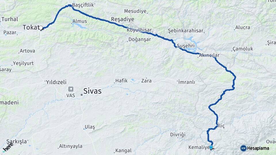Erzincan Kemaliye Tokat Arası Kaç Km - Yol Haritası