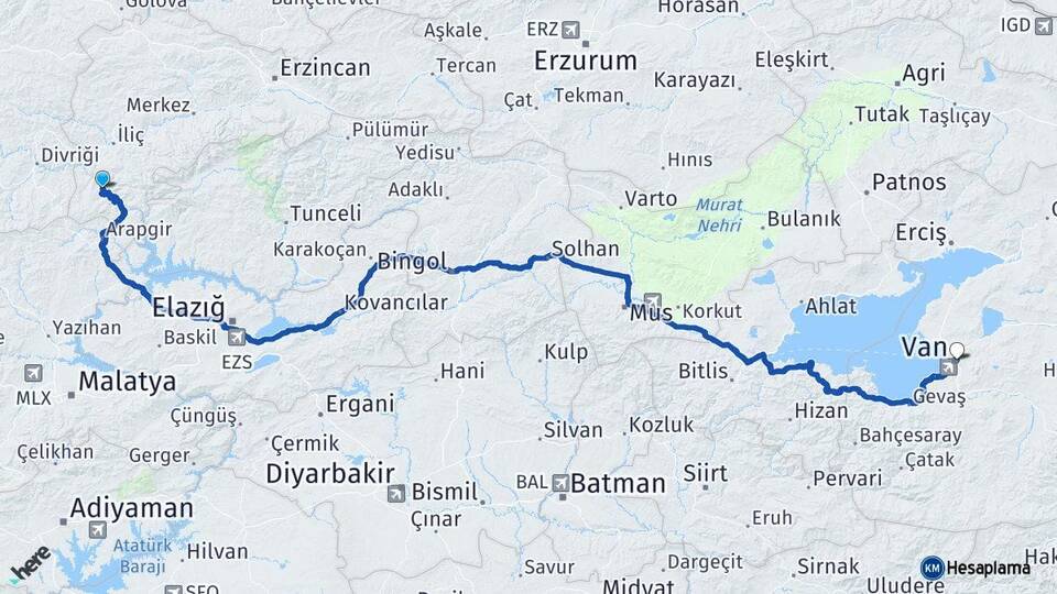 Erzincan Kemaliye Van Arası Kaç Km - Yol Haritası
