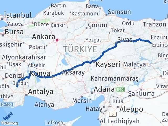 Erzincan Kemer Burdur Arası Kaç Km - Yol Haritası