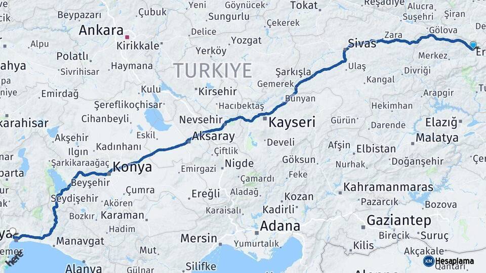 Erzincan Kepez Antalya Arası Kaç Km - Yol Haritası