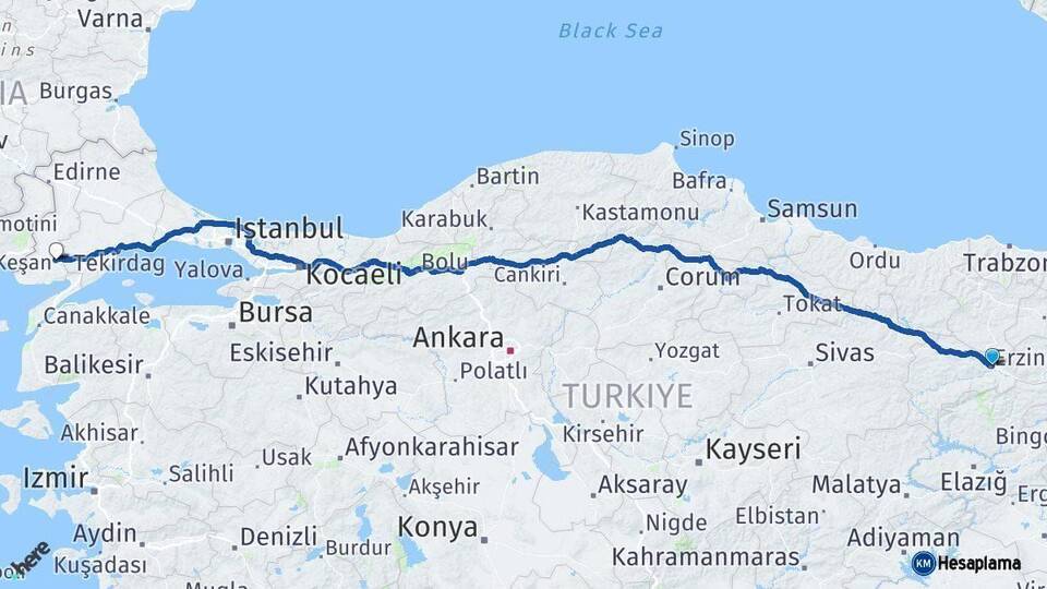 Erzincan Keşan Edirne Arası Kaç Km - Yol Haritası