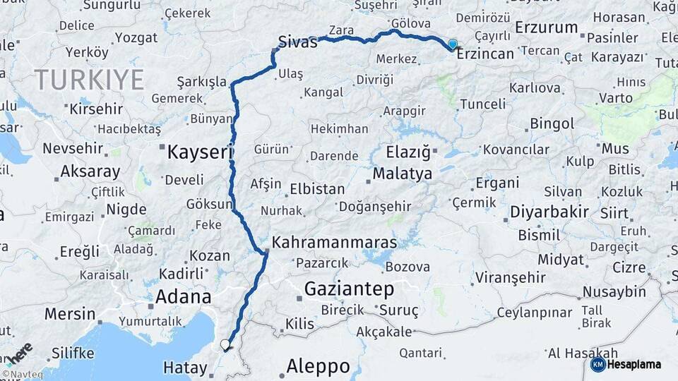 Erzincan Kırıkhan Hatay Arası Kaç Km - Yol Haritası