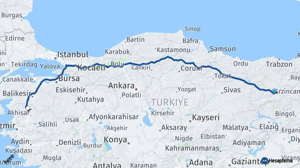 Erzincan Kırkağaç Manisa Arası Kaç Km - Yol Haritası